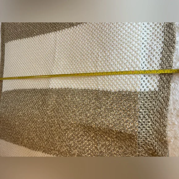 Handmade Double Crochet Cream & Tan Striped Knit Blanket (54” wide x 76” long)